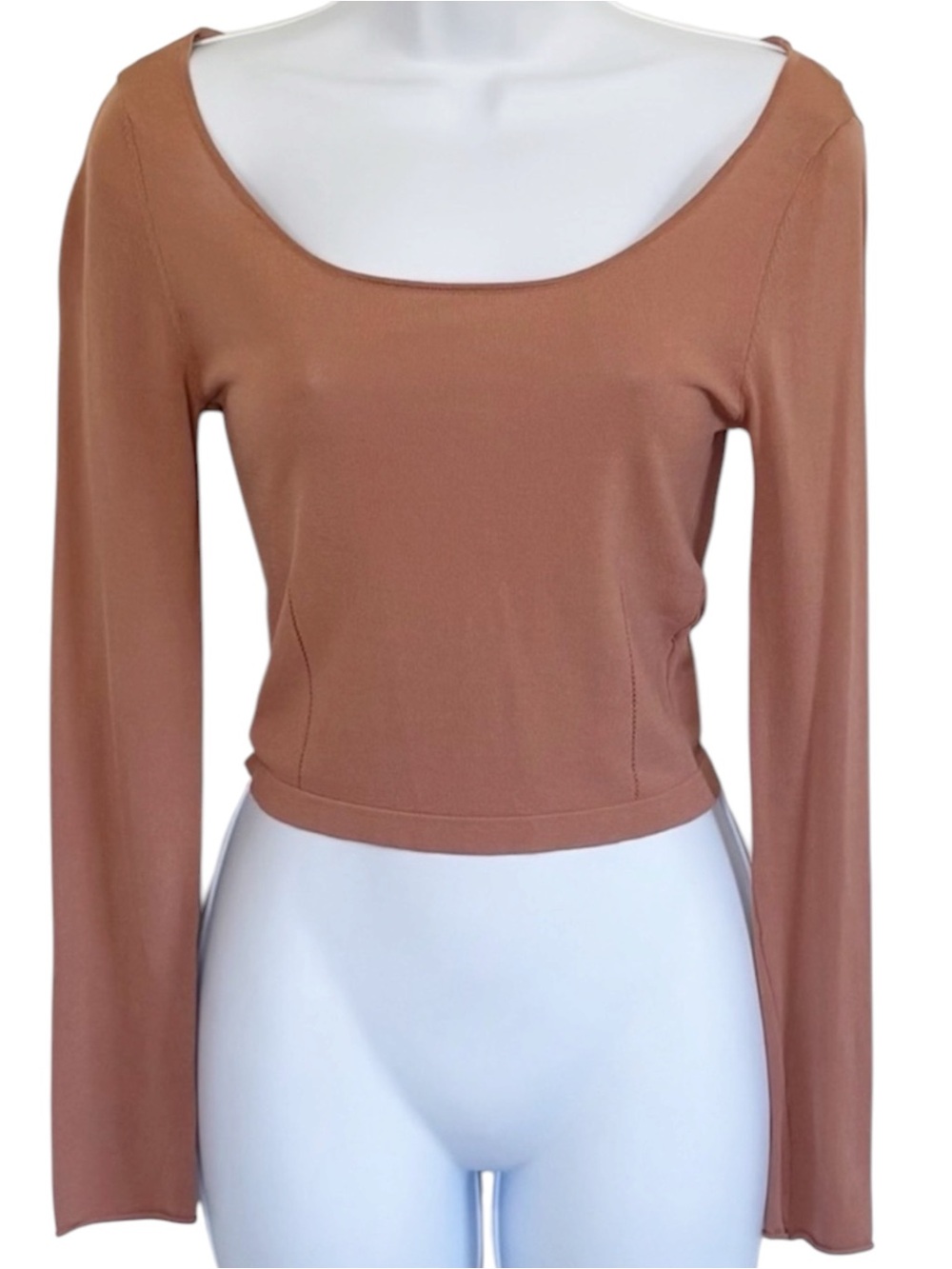 ZARA Knit Cropped Long Sleeve Top Brown Fitted Scoop Neck Size Medium